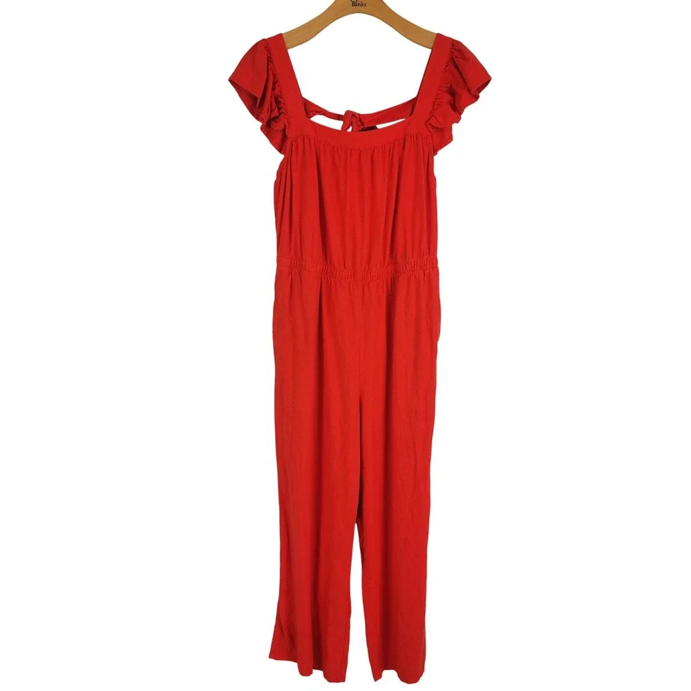 H&M Linen Blend Jumpsuit Vibrant Red Size‎ Large Flutter Ruffle Short Sleeves